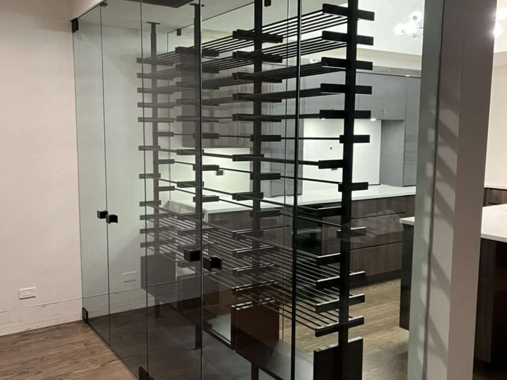 Modern glass-enclosed black metal wine rack